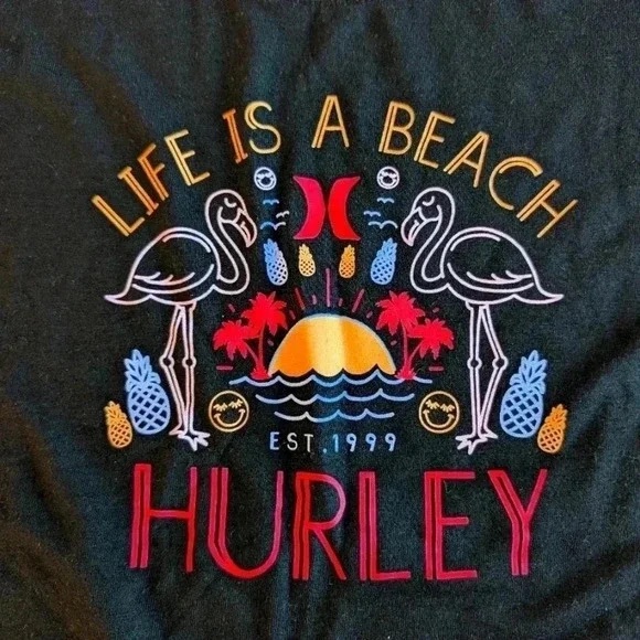 Hurley Black Graphic Tee with Neon Beach Icons - Picture 2 of 3